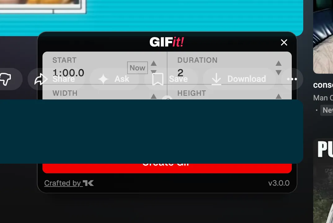 The GIFit! v3 interface being obscured by YouTube buttons, and the video description pane