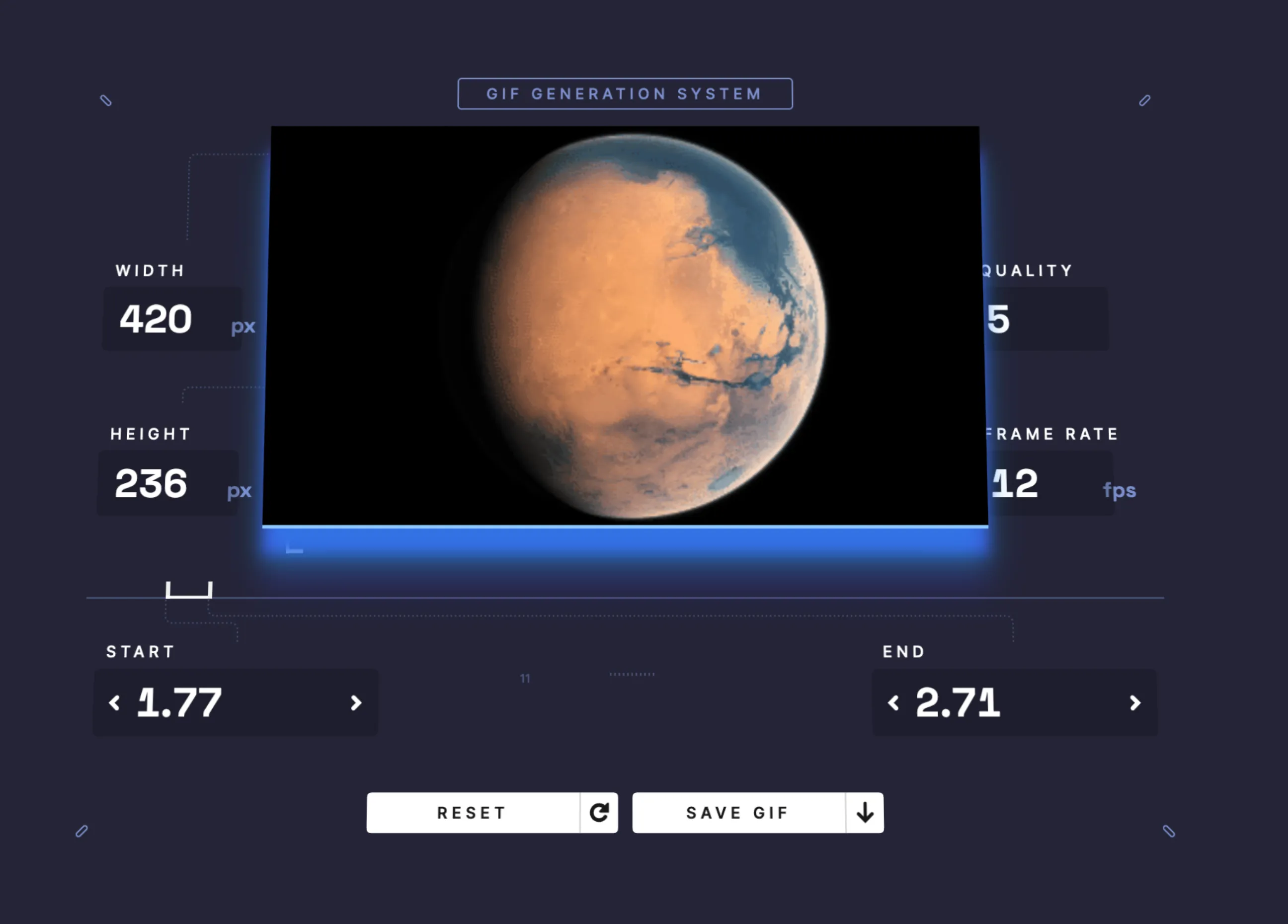 An older version of GIFit! with a blue background, displaying an image of Mars with a glowing border. There is a timeline below the image with the start and end point of the selection visualized, along with width, height, quality, fps, start, and end inputs. At the bottom are 'reset' and 'save GIF' buttons.